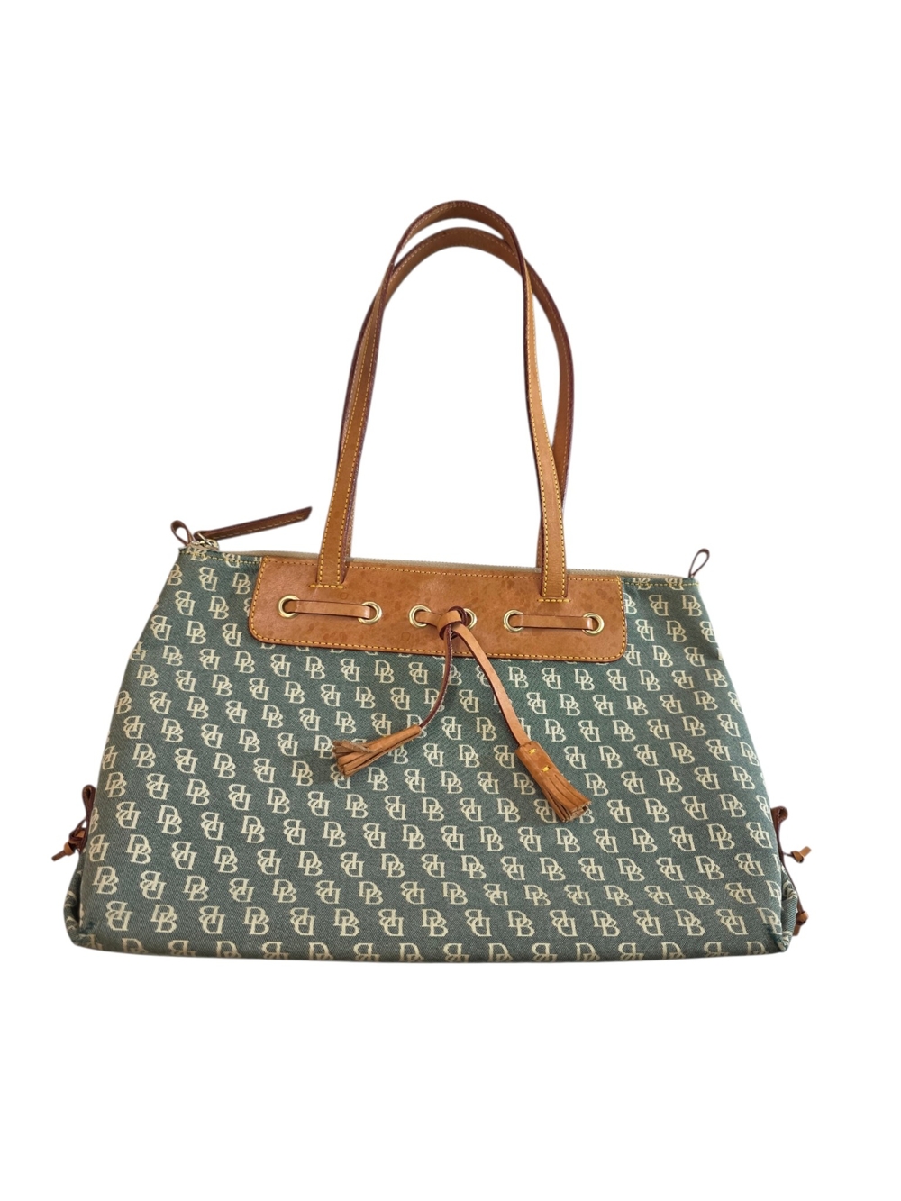 Dooney & Bourke Green Monogram Canvas Shoulder Tote with Brown Leather Trim